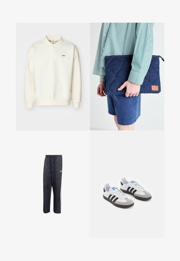 Obey Clothing LOWERCASE - Long sleeved top - unbleached; Black athletic pants with a leopard print pattern, featuring a white three-stripe design and an athletic brand logo on the side.; Sport shoes with a white leather upper, gray suede toe, and three black stripes. Features a blue logo on the tongue and a textured rubber sole.; Denim laptop sleeve, quilted design, navy blue color, gold zipper, leather accent patch. Held by a person wearing a green striped shirt.