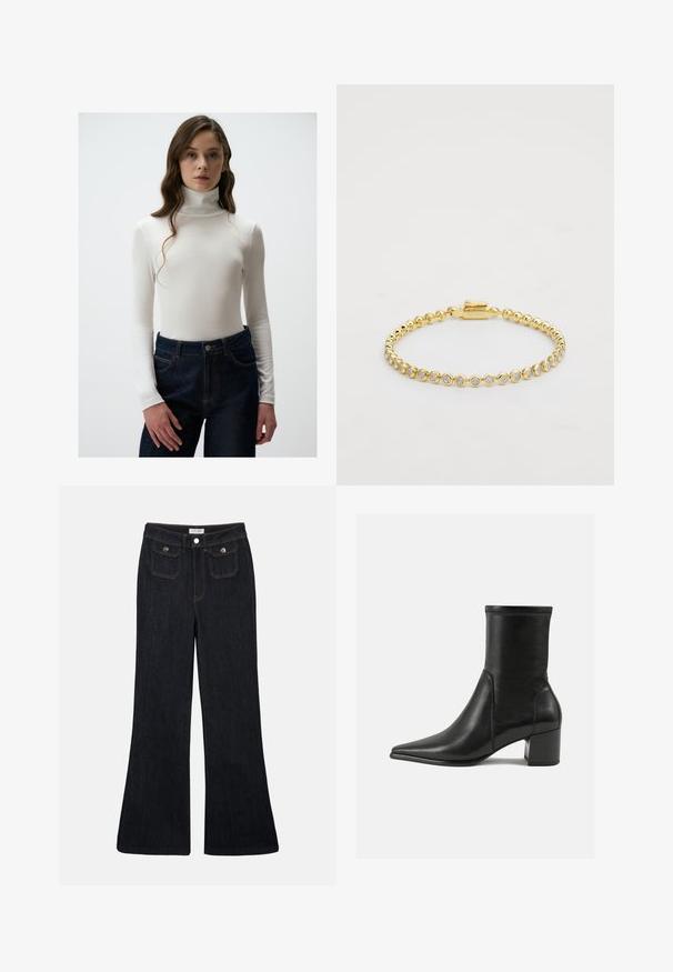 Un haut blanc à col roulé côtelé avec des manches longues, associé à un jean en denim foncé taille haute comportant une fermeture à bouton et des détails de couture orange.; Jeans en denim foncé évasés avec une taille haute, deux poches avant et des coutures orange. Le matériau semble robuste et lisse.; Bottine noire en cuir lisse, avec un bout pointu, un talon carré et des coutures surélevées distinctes au bord supérieur.; Bracelet en métal doré ornée de strass ronds et transparents disposés de manière uniforme, avec un fermoir sur un côté. Texture lisse et finition brillante.