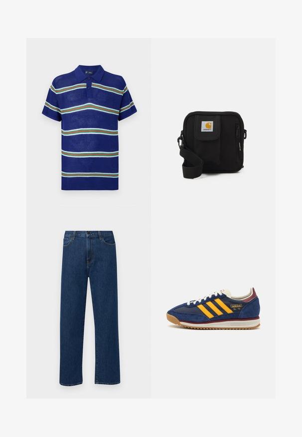 Blå strikket polo-skjorte med korte ermer, med horisontale striper i hvit, grønn og rød, og en tre-knappers placket.; Mørkeblå rette jeans i denim med frontlommer og knappelukking, vist på en enkel hvit bakgrunn.; Marineblå suede sneakers med gule striper, hvite lisser og burgunder detaljer. Teksturert såle med spor for grep. Merkevarenlogo på siden.; Svart crossover-veske med en glidelåslukking hovedrom, frontlomme, justerbar stropp og et synlig logo-patch på klaffen.