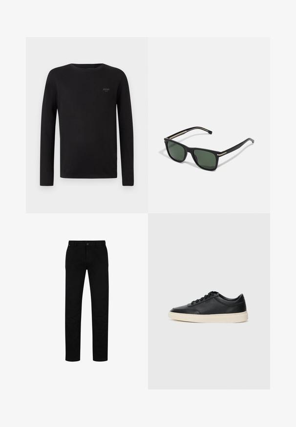 Melnas garām piedurknēm tees, izgatavots no maigas auduma, ar apaļu kakla izgriezumu un mazu logotipu kreisajā augšējā stūrī.; Melni kokvilnas bikses ar taisnu piegriezumu, kas aprīkotas ar pogu aizdari, jostu cilpām un minimālistisku dizainu. Gluda tekstūra, bez rakstiem.; Melnas zemas ādas sporta kurpes ar melnām auklām un off-white zoli, rādītas no sānu profila uz baltā fona.; BOSS Saulesbrilles - black
