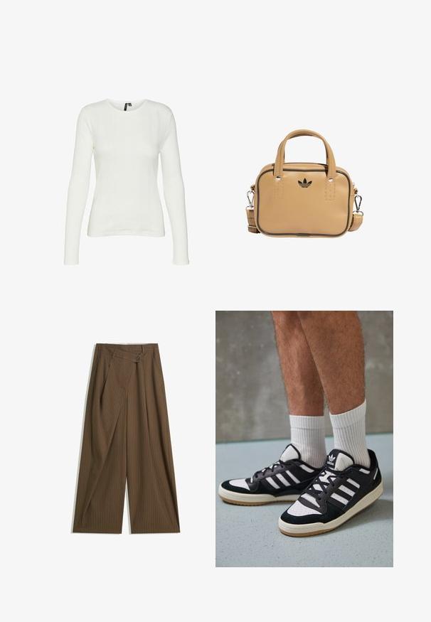Bílá dlouhá košile s dlouhým rukávem a kulatým výstřihem. Tkanina má strukturovaný vzor s vertikálními pruhy a žebrovanými detaily.; Hnědé kalhoty s širokými nohavicemi a tenkými bílými pruhy, vysokým pasem, předním zapínáním na knoflík a překryvným panelem ve stylu obálky.; Černobílé tenisky s vrchní částí z semišové a kožené kůže, včetně tří bílých pruhů, perforovaného špičky a podrážky z gumy.; Hnědá veganská kožená taška se dvěma řemínky, odnímatelným ramenním popruhem, černým prošitím a malým černým logem vepředu.