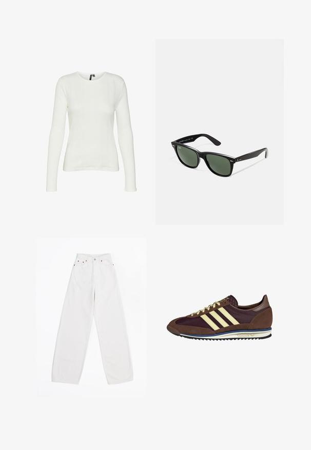 Witte lange mouwen shirt met een ronde hals. De stof heeft een gestructureerd patroon met verticale lijnen en ribbeldetails.; Witte wijde jeans van denim, met vijf zakken, koperen details en een knoopsluiting aan de voorkant. Glad textuur en rechte snit.; Bruine en bordeauxkleurige sneaker van suede en mesh materiaal, met drie crèmekleurige strepen, een gemêleerd stof op de tong en een rubberen zool.; Zwarte plastic zonnebril met groene lenzen, vierkante montuur, zilveren accent op de wenkbrauw en een gestructureerde tempel. Merken vermeld op de binnenkant van de arm.; DRAGON DIFFUSION MINI FLAT GORA - Handtas - dark brown