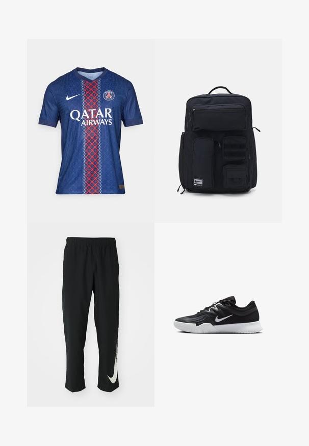 Mėlynas futbolo marškinėlis su geometriniu raštu. Yra raudona ir balta vertikali juosta, Nike logotipas ir „Qatar Airways“ ženklinimas priekyje.; Juodos sportinės kelnės su elastingu juosmeniu, siaurėjančiu dizainu ir dideliu baltu Nike logotipu ant kairiojo kojos. Minkšta, lengva medžiaga.; Juodos sportinės bateliai su tekstūruota viršutine dalimi, balta Nike swoosh ir balta gumine išorine dalimi. Yra su raištelių užsegimo dizainu ir dinamine forma.; Juodas kuprinė pagaminta iš tvirto audinio. Yra keli užtrauktukais uždaromi kišeniai, įskaitant priekinę dalį, ir Velcro pleistrų zonos priedams.