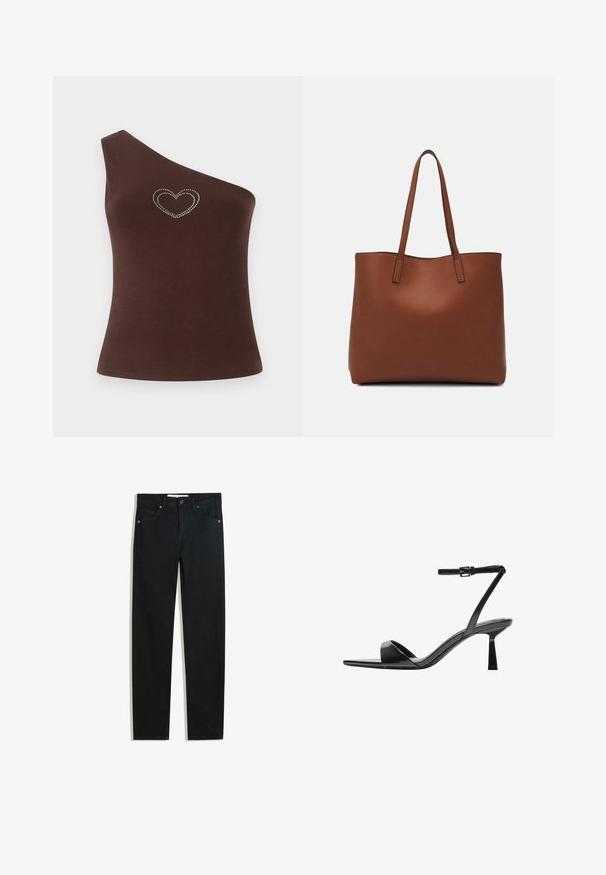 Rjav enosledičasti top, izdelan iz gladkega materiala, z okrasjem v obliki srčka iz rhinestones na prsih. Preprost kroj in čiste linije.; Črne jeans hlače s ravnim krojem, petimi žepi, kovinskim gumbom za zapiranje in subtilnimi šiviljskimi podrobnostmi. Gladka tekstura.; Bershka Sandali z visoko peto - black; Rjava usnjena torba z gladko teksturo, odprto zasnovo zgoraj in dvema naramnima trakovoma. Opremljena je z minimalnim šivanjem in brez vidnih kovinskih delov.