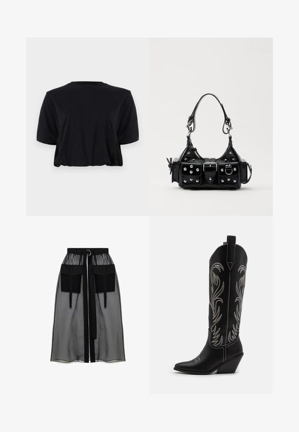 Melnas izgriezta kokvilnas t-krekls ar īsām piedurknēm un apaļu kakla izgriezumu, ar tīru, bezšuvju dizainu un maigu tekstūru.; Melnā caurspīdīgā svārka ar salikto jostasvietu, kas ietver divas lielas priekšējās kabatas, jostas saitīti un apaļu metāla akcentu.; Melnas ādas kovboju zābakus ar norādītām pirkstiem, sānām paceltu papēdi un sudraba izšūtām ziedu rakstiem gar zābaka kāju. Kontrasta dūrieni visā zābakā.; Melnas ādas rokturmais ar izliekumu, ar sudraba iedurtiem, sprādzi un divām sānu kabatām. Regulējams siksniņas garums dažādām nēsāšanas iespējām.