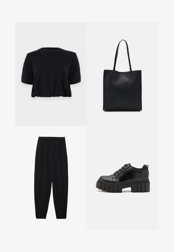 Čierne skrátené bavlnené tričko s krátkymi rukávmi a okrúhlym výstrihom, ktoré má čistý, bezšvový dizajn a jemnú textúru.; Čierne, ľahké nohavice s elastickým pásom a zúženými nohavicami. Tkanina je hladká a má voľný, zúžený strih.; Čierne kožené platformy s masívnym blokovým podpätkom, okrúhlou špičkou a tradičným šnurovaním. Má hladký povrch a minimálne detaily.; Čierna kožená taška na rameno s hladkým povrchom, obdĺžnikovým tvarom a dvoma dlhými uchami. Bez viditeľného kovania alebo ozdôb.