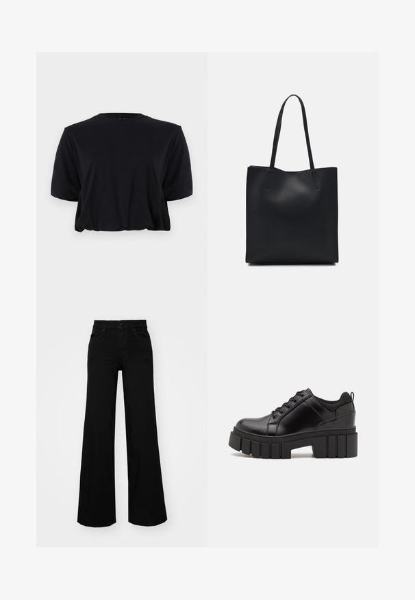 Svart cropped t-skjorte i bomull med korte ermer og rund hals, med et rent, sømløst design og myk tekstur.; Svart vide bukser laget av denim, med en strukturert midjebånd, beltestropper og frontlommer. Glatt tekstur med et klassisk design.; Svarte lærplattformsko med kraftig blokkhell, rund tå og tradisjonell snøring. Har en jevn tekstur og minimal detaljering.; Svart lær tote bag med glatt tekstur, rektangulær form og to lange håndtak. Ingen synlige deler eller dekorasjoner.