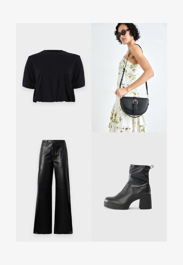 Černé zkrácené bavlněné tričko s krátkými rukávy a kulatým výstřihem, s čistým, bezšvovým designem a jemnou texturou.; Černé kalhoty s vysokým pasem a širokými nohavicemi z umělé kůže, s předním knoflíkem, zipovým zapínáním, poutky na pás a bočními kapsami na bílém pozadí.; Černé kotníkové boty vyrobené z hladké kůže, s bočním zipem, robustním strukturovaným podpatkem a kulatou špičkou.; Černá kožená kabelka s křivkovým tvarem, odnímatelným popruhem a zlatými detaily. Kabelka má klopu s přezkou.