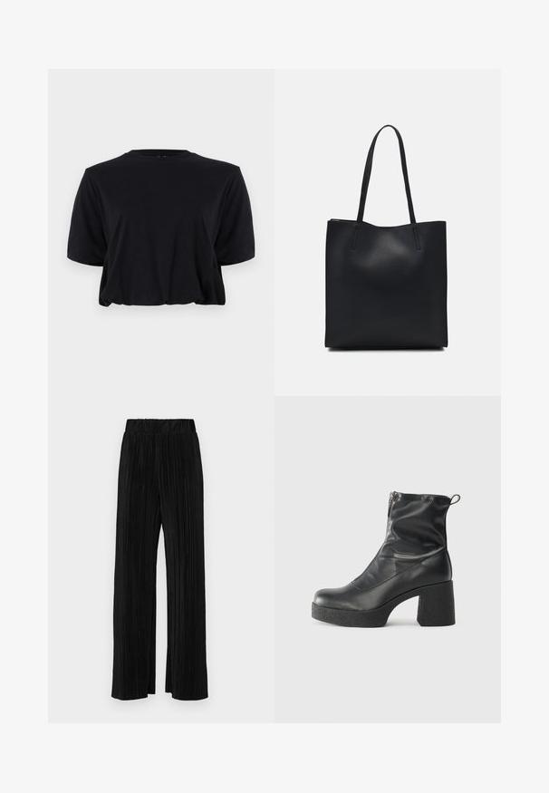 Black cropped cotton t-shirt with short sleeves and a round neckline, featuring a clean, seamless design and soft texture.; Black pleated trousers with an elastic waistband. Features wide legs and a smooth, textured fabric with vertical stripes.; Black ankle boots made of smooth leather, featuring a side zipper, chunky textured heel, and rounded toe design.; Black leather tote bag with smooth texture, rectangular shape, and two long handles. No visible hardware or embellishments.