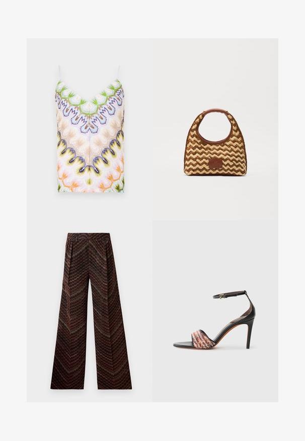 Spaghetti strap top in light fabric featuring an intricate multicolored floral pattern in green, yellow, orange, and blue on a cream background.; Wide-leg pants with high waist and zigzag pattern in shades of brown, black, pink, and green on a white background.; Black heeled sandal with an ankle strap. Features a textured, multicolored fabric band across the toe. Smooth leather finish.; Woven straw bag with a zigzag pattern, brown leather handle and base, and a rectangular logo patch on the front.