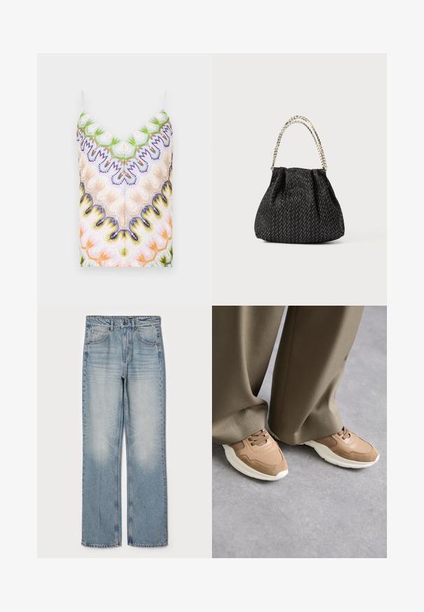 Spageti plecu topiņš no viegla auduma ar sarežģītu daudzkrāsainu ziedu rakstu zaļā, dzeltenā, oranžā un zilā krāsā uz krēmkrāsas fona.; Gai zili džinsi ar taisnu piegriezumu, kas iezīmē augsto vidukli, piecu kabatu dizainu un maigu izbalēšanu uz augšstilbiem un ceļgaliem.; Brūni sporta apavi, kas izgatavoti no kombinētiem gludas ādas un sieta materiāliem, ar baltu gumijas zoli un smalkām perforāciju detaļām.; Melnā teksturētā roku soma ar zīda rakstu, savilkta dizaina un metāla ķēdes rokturi. Mīksta auduma virsma nodrošina elegantu izskatu.