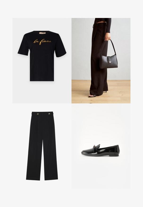 Rue de Femme NATACHA - Majica kratkih rukava s printom - black; Crne hlače širokih nogavica s visokim strukom, s dugmadi na pojasu i prednjim nabora.; Crni lakirani loafer s ravnim potplatom, zaobljenim prstom i ukrasnom trakom s zlatnim akcentom. Glatka, sjajna površina.; Crna torba s oblikom koji sadrži strukturu, glađu teksturu i metalnu kopču. Uparena s širokim crnim hlačama i sandalama na otvorenom s drvenog poda.