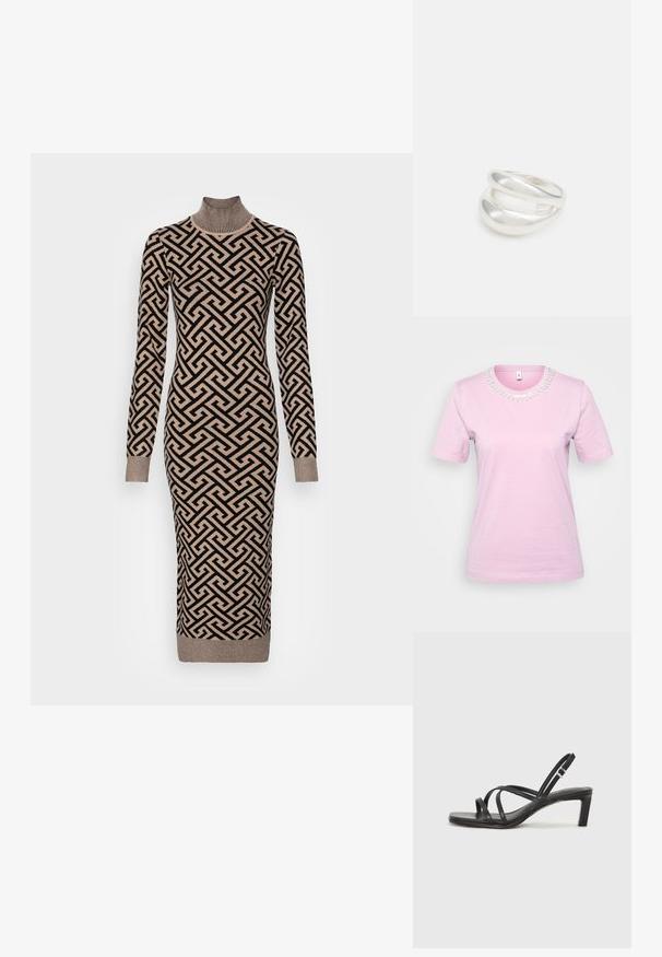 Krátky rukáv tričko v svetloružovej farbe z bavlny, s okrúhlym výstrihom, ozdobeným perlovým detailom okolo goliera. Hladká textúra, voľný strih.; Dlhý pletený šaty s vysokým golierom, s geometrickým čierno-bežovým vzorom, rebrovanými manžetami a priliehavým strihom.; Čierne sandále na vysokom podpätku so štvorcovou špičkou a nízkym blokovým podpätkom. Obsahujú viacero tenkých popruhov a nastaviteľný členkový popruh. Vyrobené z hladkej kože.; Čierna kožená crossbody taška s hladkou textúrou, obdĺžnikovým tvarom a kovovým reťazovým detailom na prednej strane. Súčasťou je nastaviteľný popruh.; Strieborný prsteň s dvojitým pásikom s hladkým, lesklým povrchom. Má plynulý, zakrivený dizajn s prekryvajúcimi sa časťami pre moderný vzhľad.