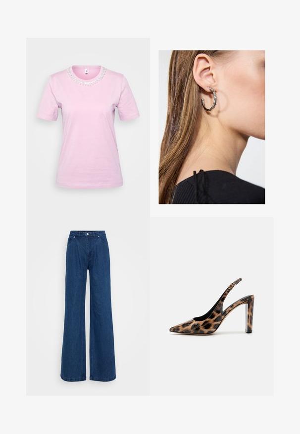Short-sleeve t-shirt in light pink cotton with a round neckline adorned with beaded detailing around the collar. Smooth texture, casual fit.; Wide-leg blue denim jeans with a high waist, front button and zipper closure, and front and back pockets against a plain background.; Leopard print slingback pump with a pointed toe and transparent block heel. Made of glossy material with a smooth texture.; Silver hoop earring with a polished finish, featuring small gold accent details and a round shape, worn on the lobe.