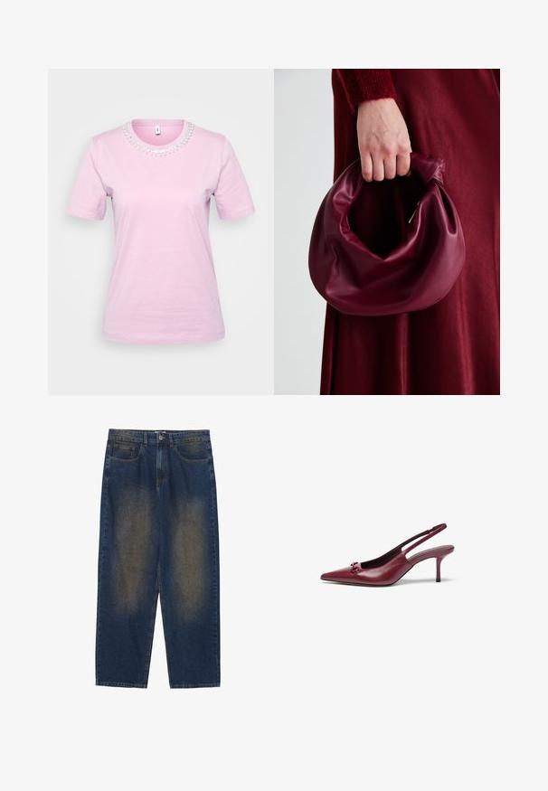 Majica s kratkimi rokavi iz svetlo roza bombaža z okroglim izrezom, okrašena s perlicami okoli ovratnika. Gladka tekstura, sproščen kroj.; Modri kavbojasti hlače z ohlapnim krojem, srednje oprane, pet žepov, gumbasto zapiranje in rahlo zbledeli deli na sprednji strani.; Burgundske slingback petke s koničastim nosom, izdelane iz usnja. Imajo dekorativen poudarek na sprednjem delu in 7,5-centimetrsko peto.; Bordo usnjeni ročni torbici s mehak, nabrana zasnova in okrogla oblika. Ročaj je varen in prikazuje gladko teksturo.