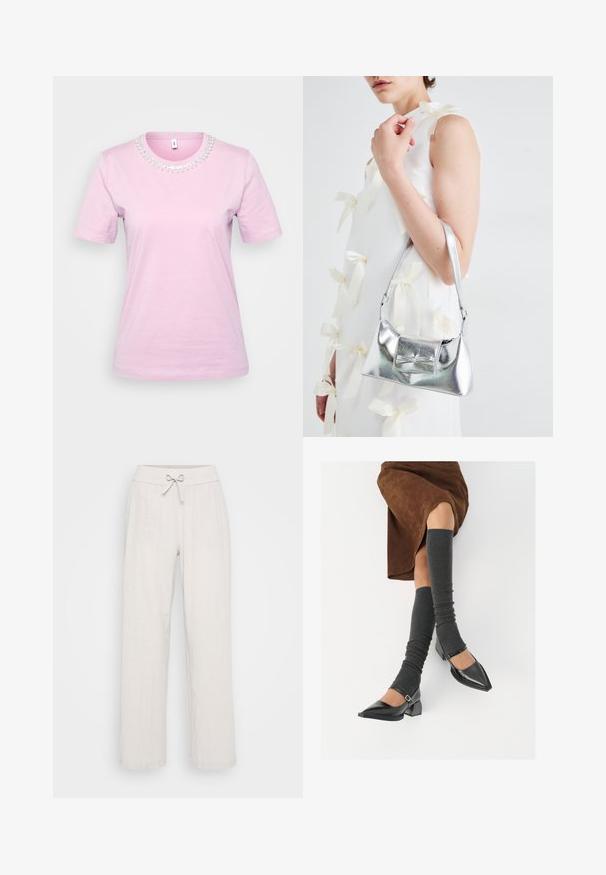 Tricou cu mânecă scurtă din bumbac roz deschis, cu guler rotund decorat cu detalii din mărgele în jurul gulerului. Textură netedă, potrivire casuală.; Pantaloni din in bej deschis, cu un design cu picioare largi, o talie elastică și un detaliu de legare în față. Materialul texturat adaugă un interes vizual.; Pantofi negri din piele lacuită, cu vârful ascuțit, toc bloc și curea la glezna, asortați cu jambiere gri cu nervuri și o fustă din suede maro.; Geantă metalică argintie cu o formă structurată, având un mâner superior și un detaliu sub formă de fundă pe față. Textură netedă, finisaj reflexiv.
