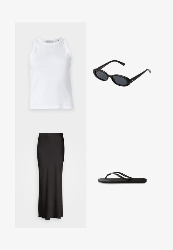 Débardeur blanc à côtes avec un col rond, sans manches et un petit logo sur le devant. Texture lisse et silhouette cintrée.; Jupe en satin noire, longue jusqu'au sol, avec une texture lisse, une taille ajustée et une silhouette en A, sans ornements ni motifs visibles.; Tongs noires avec une semelle en caoutchouc texturée, deux fines lanières et un détail de logo embossé subtil sur la lanière.; Lunettes de soleil noires surdimensionnées avec des verres ovoïdes, monture en plastique lisse et accents dorés sur les tempes. Les verres sombres offrent une protection contre le soleil.; Sac à main en cuir noir avec une forme rectangulaire structurée. Équipé d'un fermoir ovale doré et d'une fine bandoulière. Texture lisse.