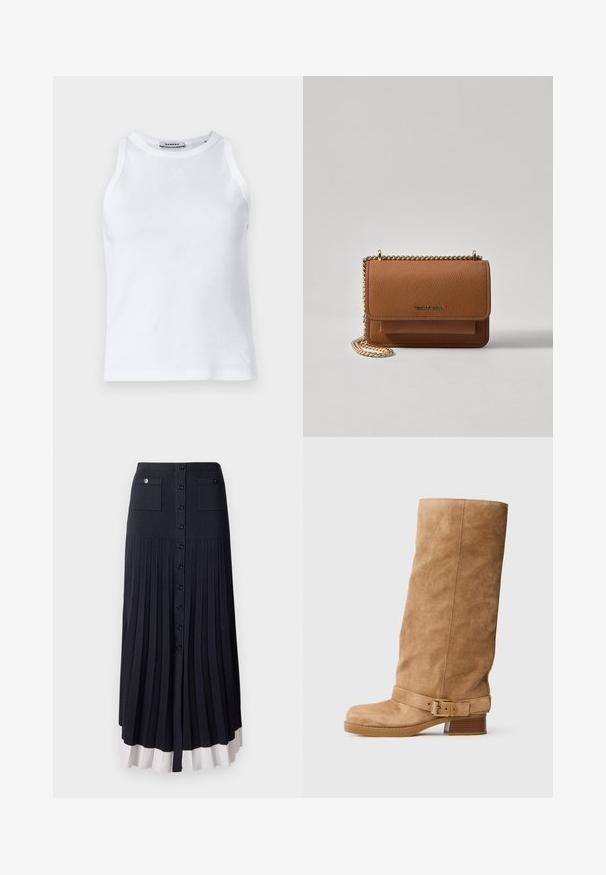 White ribbed tank top with a rounded neckline, sleeveless design, and a small logo on the front. Smooth texture and fitted shape.; Pleated maxi skirt in dark navy with button closure. Features two front pockets and a light-colored hem. Made from a soft, textured fabric.; Tan suede mid-calf boot with a low stacked heel, rounded toe, and an adjustable strap with a gold buckle around the ankle.; Brown textured leather crossbody bag with gold chain strap and flap closure. Front features logo detail and a pocket under the flap.