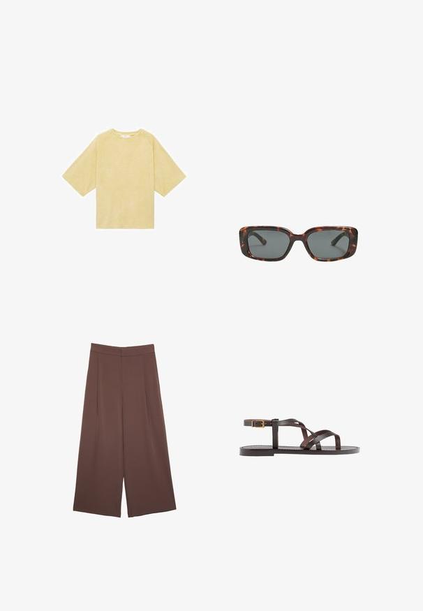 T-shirt giallo oversize con maniche raglan, realizzata in materiale morbido; presenta un neckline rotondo e un design semplice e senza cuciture.; Pantaloni ampi marroni con una texture liscia, caratterizzati da una vita alta e pieghe frontali. Il tessuto è leggero e scorre liberamente.; Sandal in pelle marrone con cinturini incrociati, chiusura con cinturino alla caviglia e suola piatta con dettagli di cucitura minimi.; Occhiali da sole tartaruga con lenti rettangolari, montatura spessa e lenti scure. Texture liscia e design minimalista.