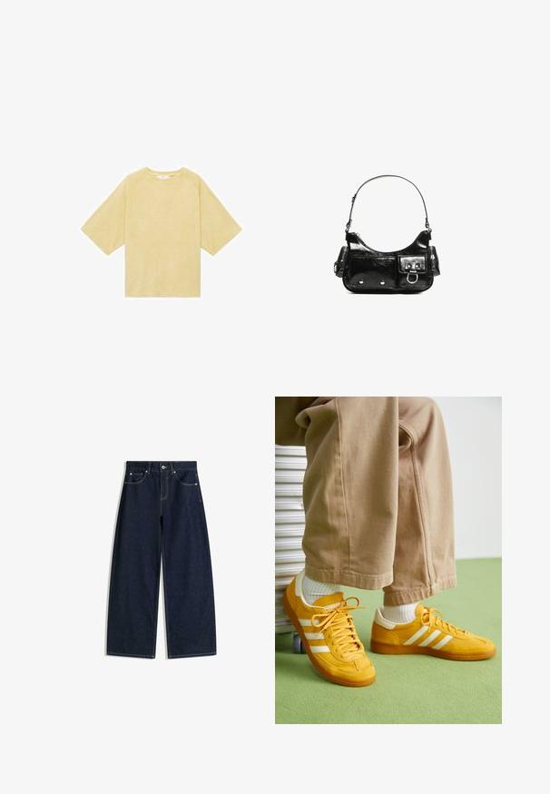 Žlté veľké tričko s raglánovými rukávmi, vyrobené z mäkkého materiálu; má okrúhly výstrih a jednoduchý, bezšvíkový dizajn.; Tmavomodré džínsové nohavice s širokými nohavicami, prednými vreckami, zapínaním na gombík a viditeľným prešívaním na bielom pozadí.; Žlté semišové tenisky s bielymi pruhmi, majú gumovú podrážku, textilné šnúrky a polstrovaný golier, skombinované s béžovými bavlnenými nohavicami.; Čierna laková kožená kabelka s ohnutým tvarom, jedným ramenným popruhom, prednými vreckami a striebornými kovovými doplnkami.