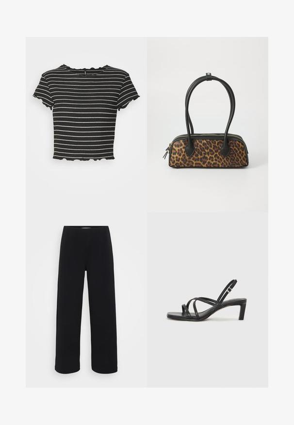 Melnbalts svītrots īsais tops, ribota tekstūra, īsas piedurknes ar viļņotām malām, apaļa kakla izgriezums, brīva piegriezums.; Melna platā kāju bikses ar elastīgu jostu. Izgatavotas no teksturēta materiāla, ar brīvu piegriezumu un taisnu griezumu no gurniem līdz apakšmalai.; Melnas strappy sandales ar kvadrātveida purngaliem un zemu bloku papēdi. Ievērojamas ar vairākiem plāniem siksniņām un regulējamu potītes siksniņu. Izgatavotas no gludas ādas.; Lāču raksta rokassoma ar melnu mākslīgo ādu, divām augšējām rokturēm, zelta rāvējslēdzēju un akcentiem no melnas mākslīgās ādas. Taisnstūra forma.