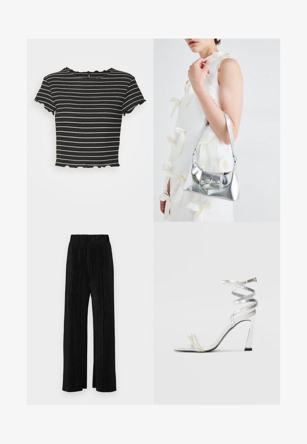 Svart og hvitstripet cropped topp, ribbet tekstur, korte ermer med bølgete kanter, rund hals, avslappet passform.; Sorte plisserte bukser med elastisk midje. Har vide ben og et glatt, strukturert stoff med vertikale striper.; Sølv høyhælte sandaler med et glitrende stroppdesign, som har en perle-lignende akcent og en spiralformet ankelstropp for sikker passform.; Sølvmetallisk håndveske med en strukturert form, med en topphåndtak og sløyfedetalj foran. Glatt tekstur, reflekterende overflate.