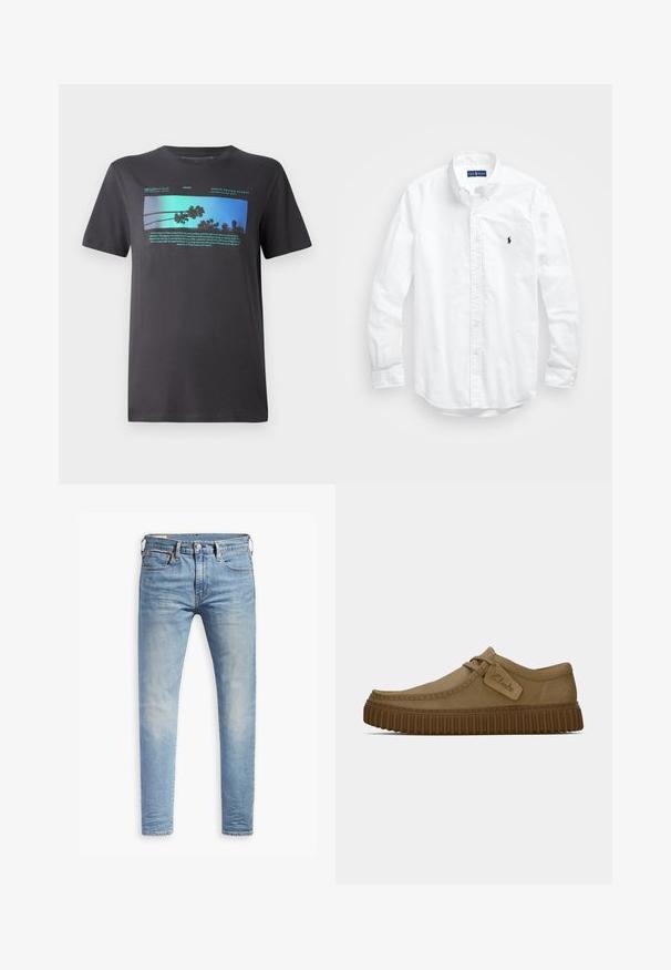 Vīriešu melna T-krekls, izgatavots no mīksta kokvilnas. Tam ir spilgti zila grafika ar palmu kokiem un tekstu, apaļa kakla izgriezums un īsas piedurknes.; Balta garām piedurknēm pogājamā krekla izgatavots no kokvilnas. Iezīmē klasisku apkakli, poga aproces un mazu tumši zilu izšūtu logo uz krūšu.; Gaiši zili pieguļoši džinsi ar nelielu izbalēšanu uz gurniem, ar pogu aizdari priekšā, jostas cilpām un piecu kabatu stilu uz baltā fona.; Gai brūni zamša apavi ar noapaļotu purngalu, šuvju detaļām un ribotu brūnu gumijas zoli. Satur sānu uzlīmi ar "Clarks" logotipu.