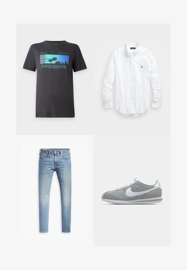 Pánske čierne tričko vyrobené z mäkkej bavlny. Obsahuje jasnú modrú grafiku s palmami a textom, okrúhly výstrih a krátke rukávy.; Biele dlhé rukávy košele so zapínaním na gombíky z bavlny. Má klasický golier, gombíkové manžety a malú tmavomodrú vyšitú logo na hrudi.; Svetlo modré úzke džínsy s miernym prehrdzavením na stehnách, predným gombíkovým zapínaním, pútkami na opasok a štýlom s piatimi vreckami na bielom pozadí.; Sivé športové tenisky s vrchom z semišu a textilu, bielym logom Nike a bielymi šnúrkami. Majú štruktúrovanú gumenú podrážku a polstrovaný golier.