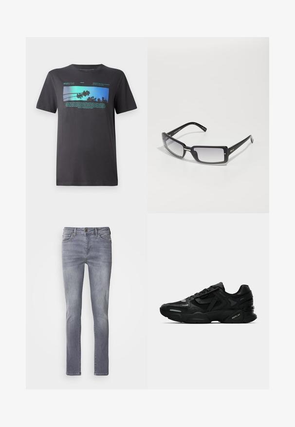 Meeste must T-särk, mis on valmistatud pehmest puuvillast. Omab erksat sinist graafikat koos palmipuude ja tekstiga, ümmargune kaelus ja lühikesed varrukad.; Helehallid teksad sirge lõikega, viie taskuga, messingist nööbiga kinnitus ja jalgu pehmelt kulunud välimus.; Mustad mustad spordijalanõud tekstuurse ülemise osaga, peegeldavate detailidega ja pehmendatud tallaga. Sisetald on seotud ja külgedel on brändi logo.; Mustad ristkülikukujulised prillid gradient objektiividega, pakse raami ja metallist aktsentdetailidega varrukatel. Ühtlane tekstuur kogu ulatuses.