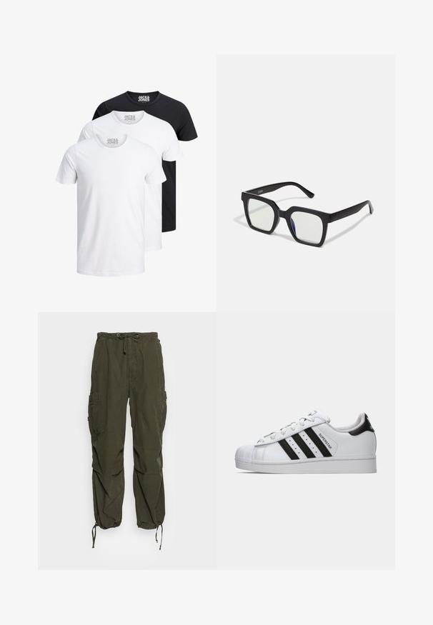 Three T-shirts in white and black, made of cotton. Each has a round neck and short sleeves, with a logo displayed on the neckline.; Cargo pants in olive green, featuring an elastic waistband with drawstring, multiple pockets, and adjustable cuffs for a tapered fit.; White Adidas Superstar sneaker with black stripes, shell toe, and "Superstar" text on the side, shown in left profile on white background.; Black square sunglasses with a matte finish, featuring transparent lenses and a slight blue tint on one side. Robust, angular design.