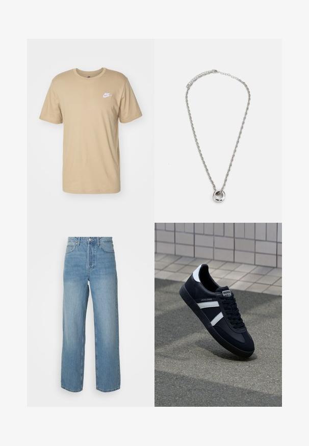 Nike Sportswear CLUB TEE - Pamata T-krekls - khaki; Gai zilas augstās jostas džinsu bikses ar taisnām kājām, priekšējo pogu aizdari un piecu kabatu dizainu uz vienkrāsaina fona.; Melnā ādas sporta apavi ar baltām svītrām, teksturēta gumijas zole un auklu aizdare. Iekļauj zīmola etiķeti uz mēles.; Sudraba tonēta metāliska kaklarota ar pagrieztas ķēdes dizainu un apļa piekariņu ar gludu apdari.
