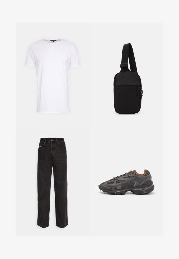 Hvid bomulds t-shirt med rund halsudskæring, korte ærmer og lige snit. Har en enkel, glat overflade uden yderligere mønstre.; Sorte denim wide-leg bukser med høj talje, frontknaplukning, to sidelommer og subtile syninger.; Lacoste sneakers i mørkegrå med mesh og syntetisk materiale, udstyret med en tekstureret sål og brune accenter på kraven og brandingen.; Sort crossbody taske lavet af slidstærkt stof, med en enkelt justerbar rem, en lynlåset hovedrum og en frontlomme.