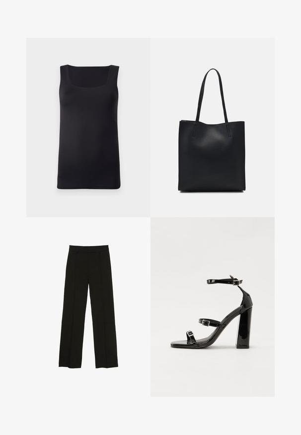 Black sleeveless tank top with a square neckline, made of smooth fabric, featuring a fitted design and clean edges, no visible patterns or accents.; Black wide-leg trousers made from a smooth fabric, featuring a fitted waistband and subtle front pleats for added texture.; Black patent heeled sandals with a square toe, ankle straps, and silver buckles. Features a chunky block heel for stability.; Black leather tote bag with smooth texture, rectangular shape, and two long handles. No visible hardware or embellishments.