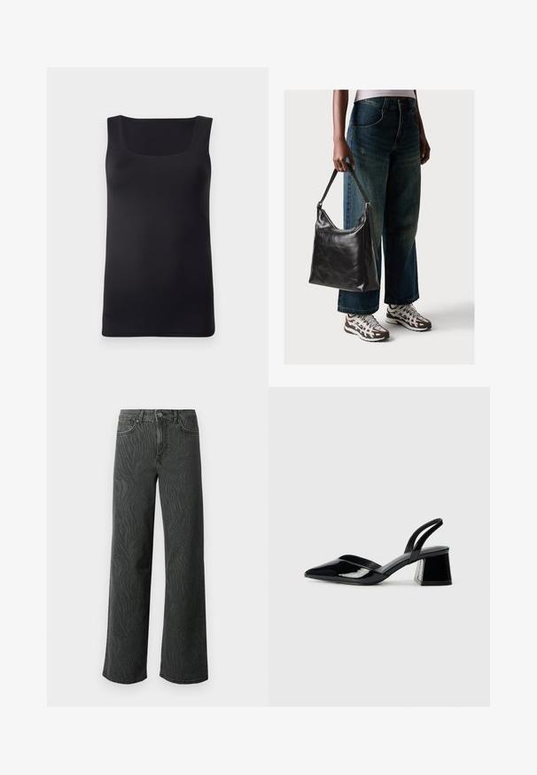 Czarny bezrękawnik z kwadratowym dekoltem, wykonany z gładkiego materiału, charakteryzujący się dopasowanym krojem i czystymi krawędziami, bez widocznych wzorów czy akcentów.; Jeans o szerokich nogawkach w ciemnoszarym denimu, z subtelną fakturą w zebry, kontrastowym przeszyciem i pięci Pocket designem z zapinaniem na guzik.; Czarne lakierowane półbuty na obcasie z wydłużonym noskiem i geometrycznym słupkiem. Charakteryzują się eleganckim, minimalistycznym designem oraz gładką fakturą.; Czarna skórzana torba na ramię o gładkiej fakturze i regulowanym pasku, w zestawieniu z wyblakłymi dżinsami typu wide-leg i sportowymi butami.