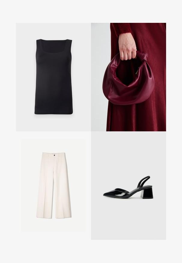 Črn brezrokavnik s kvadratnim izrezom, izdelan iz gladkega materiala, s prilegajočo zasnovo in čistimi robovi, brez vidnih vzorcev ali dodatkov.; Kremne široke hlače s krojem, ki vključujejo dve sprednji žepi in en sprednji gumb za zapiranje, izdelane iz gladkega blaga.; Črne lakirane slingback pete s koničastim nosom in geometrijsko blokasto peto. Imajo eleganten, minimalističen dizajn in gladko teksturo.; Bordo usnjeni ročni torbici s mehak, nabrana zasnova in okrogla oblika. Ročaj je varen in prikazuje gladko teksturo.