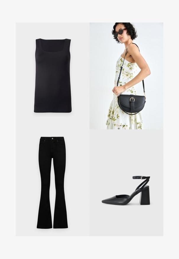 Black sleeveless tank top with a square neckline, made of smooth fabric, featuring a fitted design and clean edges, no visible patterns or accents.; Black high-waist jeans with a button and zip closure, front pockets, and flared legs laid flat on a white background.; Black leather pointy-toe pump with an ankle strap and a chunky heel. Flat texture, sleek design, and minimalistic aesthetics.; Black leather handbag with a curved shape, detachable strap, and gold hardware. The bag features a flap with a buckle detail.