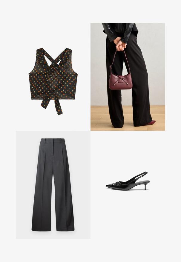 Sort crop top med krydsede stropper, der har en løs pasform, dekorativ knude i kanten og et mønster af flerfarvede firkanter og prikker.; Bredde benbukser i mørkegrå stof, med høj talje, enkelte læg og en glat tekstur med en ren finish ved kanten.; Sorte læderslippers med spidse tæer, lille kitten hæl og en dekorativ knude detalje foran. Glat tekstur hele vejen rundt.; Bordeaux læderhåndtaske med en sløjfedetalje, der har en slank rem og guldfarvet hardware, båret af en person iført sorte bukser.