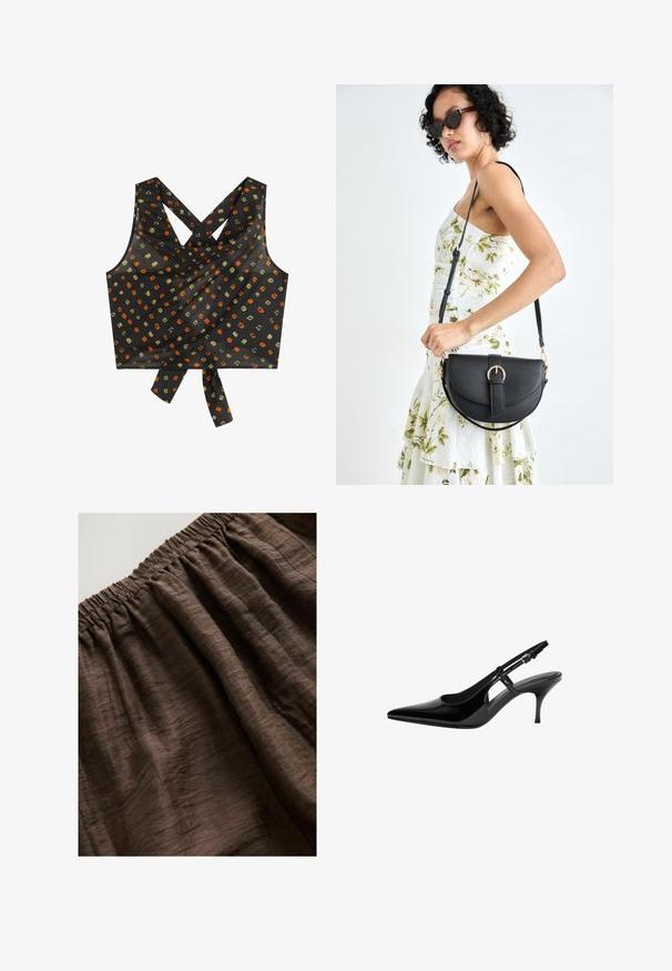 Black crop top with crossed straps, featuring a loose fit, decorative knot at the hem, and a pattern of multicolored squares and dots.; Brown elasticized waistband with textured fabric, featuring soft, wrinkled folds and a rich, earthy tone. Suitable for casual wear.; Black patent leather slingback pump with pointed toe, open side cutouts, slim heel, and adjustable ankle strap.; Black leather handbag with a curved shape, detachable strap, and gold hardware. The bag features a flap with a buckle detail.