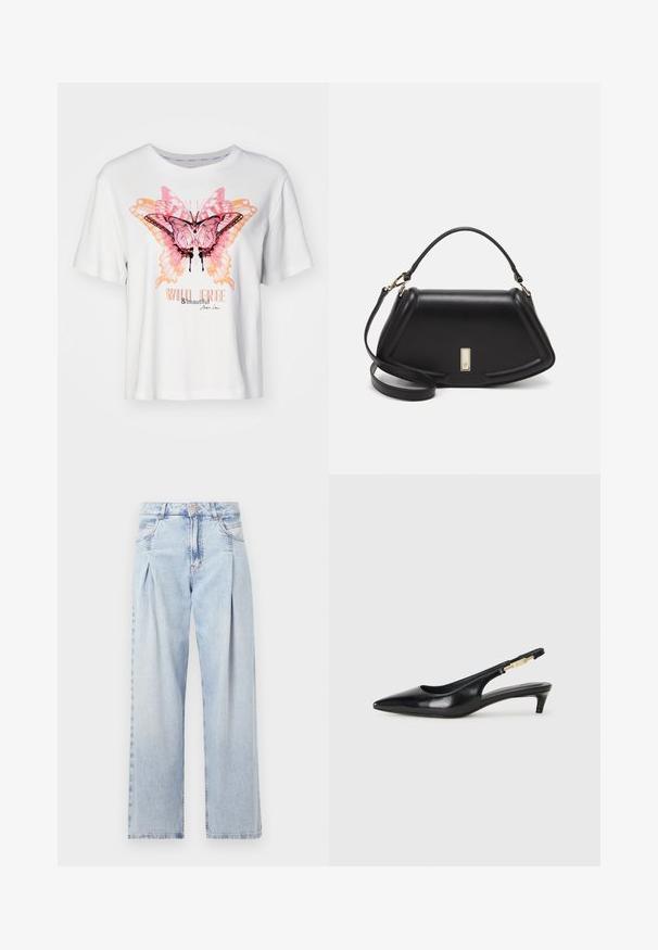 Bijela kratka majica s kratkim rukavima, koja ima šarenu grafiku leptira u ružičastoj i narančastoj boji, a ispod se nalazi tekst "SLOBODAN, DIVLJI I BEAUTIFUL".; Svijetloplavi traperice s visokim strukom, širokim krojem, dva bočna džepa i naboranim dizajnom. Mekana tekstura s izblijedjelim završetkom.; Crne kožne sandale s petom, s izduženim vrhom, imaju usku petu i zlatni akcent na podesivoj traci. Glatka tekstura.; Crna kožna torba s strukturiranim dizajnom, s krojenim oblikom, gornjom drškom i zlatnim detaljima. Uključena je podesiva ramena traka.