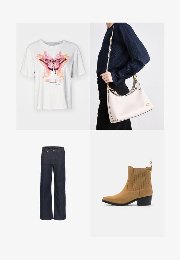 Balts īsām piedurknēm T-krekls ar krāsainu tauriņa grafiku rozā un oranžā krāsā, ar tekstu "MEŽONĪGI BRĪVS UN SKAISTS" zem tā.; Tumšas denim platās kājas bikses ar augstu jostasvietu, piecas kabatas, kontrastējoša šūšana un neapstrādāts apakšmala.; Bēšas zamšādas potīšu zābaki ar smailu purngalu, ribotu sānu paneļu un melnu bloku papēdi. Iespējams viegli uzvilkt, pateicoties vilkšanas cilpai.; Bežīga ādas rokassoma ar tumšu apdari, noapaļota silueta, zelta detaļas un noņemama siksna, turēta pie sāna pret tumšu apģērbu.