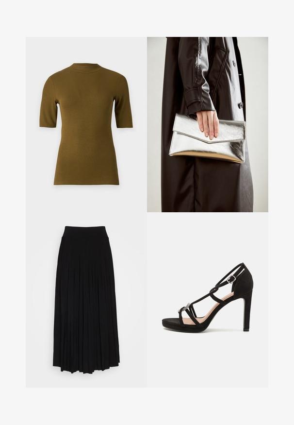Rippendes olivgrünes Kurzarmoberteil mit hohem Ausschnitt und figurbetonter Form. Hergestellt aus einem weichen, dehnbaren Stoff für Komfort.; Schwarzer plissierter Rock mit breitem, dehnbarem Bund. Gefertigt aus weichem Stoff, mit vertikalen Falten für eine fließende Silhouette.; Schwarze Wildleder-Pappelsandalen mit überkreuzten Riemen, einem dekorativen silberfarbenen Akzent und einer Plateausohle für zusätzliche Höhe.; Silberner metallischer Clutch mit einem eckigen Umschlagdesign, glatter Textur und kontrastierender Innenfarbe, gehalten in einer Hand, die einen schwarzen Mantel trägt.