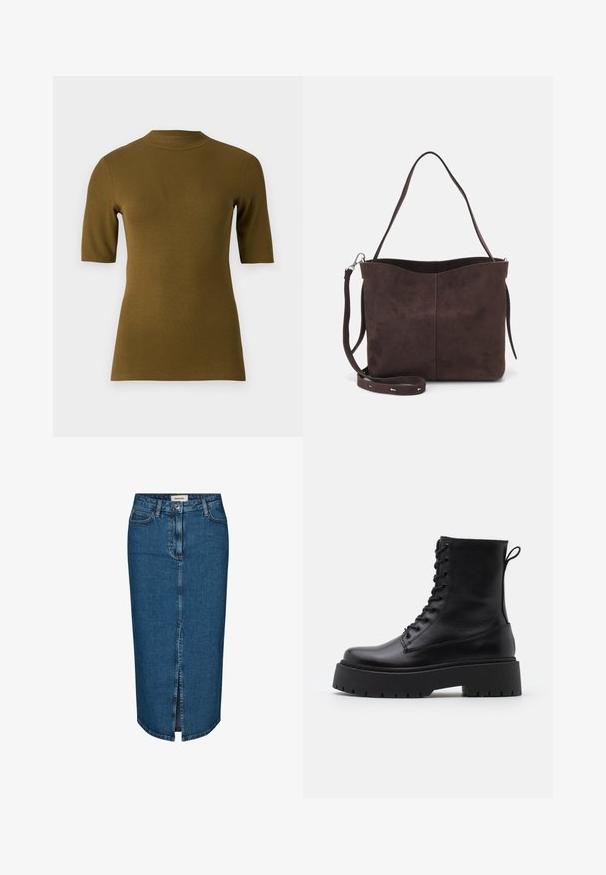 Ribbed oliivivääriline lühikeste varrukatega särk kõrge kaelusega ja keha järgi sobiva lõikega. Valmistatud pehmest ja venivast kangast mugavuse tagamiseks.; Tummansininen denim-mekko, jossa on edessä halkio, viisi taskua ja kontrastiväriset saumat. Keskikorkea vyötärö ja klassinen muotoilu.; Musta nahkainen nilkkureita, joissa on pyöreä kärki, nauhakiinnitys edessä ja paksu kumipohja, jossa on teksturoitu pinta. Takana vetotappi.; Ruskea mokkanahkainen kassi, jonka pinta on pehmeä. Kassissa on yksi olkahihna ja hienovarainen, kaareva yläaukeama. Ei näkyviä metalliosia.