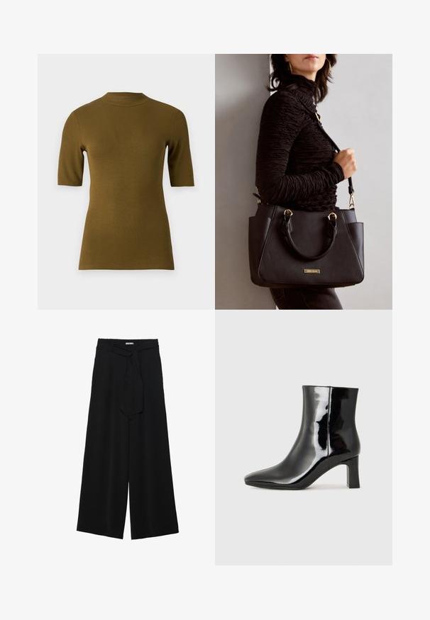 Top corto a maniche corte di un verde oliva rigato, con scollatura alta e forma aderente. Realizzato in un tessuto morbido e elasticizzato per garantire comfort.; Pantaloni neri a gamba larga caratterizzati da un tessuto testurizzato, una vita elastica e una cintura staccabile per una vestibilità regolabile.; Stivaletto in pelle verniciata nera con punta a punta e tacco a blocco di altezza media. Texture liscia e design minimalista.; Borsa nera con superficie texturizzata, manici superiori doppi e tracolla regolabile. Dotata di hardware color oro e tasche laterali.