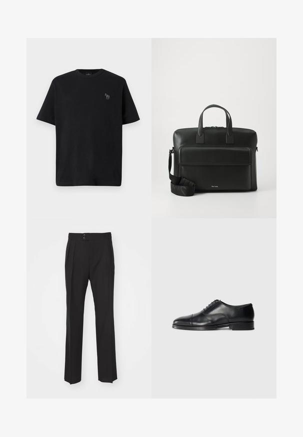 Fekete pamut póló rövid ujjakkal, kerek nyakkivágással és egy diszkrét, szürke hímzett lólogóval a bal mellkas területén.; Fekete, szabott nadrág, egyenes lábbal, két elülső zsebbel és duplagombos záródással a derékrészen. Sima szövet textúra.; Fekete bőrből készült elegáns cipő lekerekített orral, sima felülettel, fűzős kialakítással és finom varrási részletekkel, alacsony, lapos sarkú.; Fekete bőr aktatáska kettős felső fogantyúkkal, elülső zsebbel és levehető pánttal, az alján diszkrét logóval.