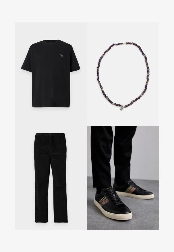 Juodas medvilnės marškinėliai trumpomis rankovėmis, apvaliu iškirpimu ir subtiliu žirgo logotipu išsiuvinėtu pilkai kairiajame krūtinės plote.; Juodos tiesios blizgančios aksominės kelnės su elastinga juosmena ir priekyje esančia raišteliu, eksponuojamos prieš paprastą baltą foną.; Juodi odiniai sportbačiai su daugiaspalviais juostuotais akcentais, apvaliu pirštu ir baltais gumos padais, su raišteliais ir įspaustu ženklu.; Daugiaspalvė karoliukų apyrankė su tamsiai mėlynais, raudonais ir geltonais karoliukais, išsidėsčiusiais kartu su sidabriniais akcentais ir kabamu žavesiu.