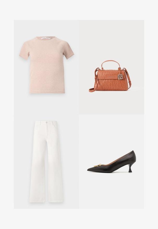 Lyserød kortærmet t-shirt lavet af ribbet stof, med rund halsudskæring og en afslappet pasform. Enkel og smidig design.; Hvide, højtaljede bukser med bred ben lavet af denim. Har en knaplukning, to forlommer og sidesømme med syningsdetaljer.; Sorte læder spidse pumps med en guldfarvet logo hardware detalje, der har en bøjet kitten hæl og en glat tekstur.; Orange lædertaske med præget logo-design, toppen håndtag, justerbar skulderrem og en sølvhardware accent.