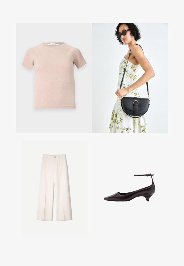 Svijetlo ružičasta majica kratkih rukava od rebrastog materijala, s okruglim izrezom i ležernim krojem. Jednostavan i besprijekoran dizajn.; Kreme hlače širokih nogavica s krojem koji je prilagođen, s dva prednja džepa i jednim prednjim zatvaranjem na gumb, izrađene od glatkog materijala.; Tamno smeđe kožne cipele s kitten petom, šiljastog vrha, s tankim remenom oko gležnja i malim zlatnim kopčanjem.; Crna kožna torba s lukovitim oblikom, odvojivim remenom i zlatnim detaljima. Torba ima preklop s kopčom.