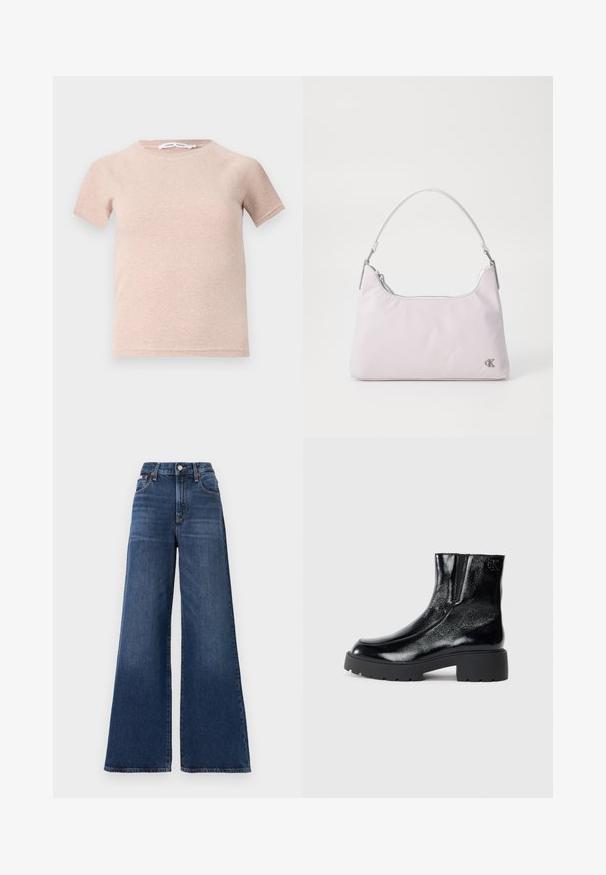 Light pink short-sleeve t-shirt made of ribbed fabric, featuring a round neckline and a relaxed fit. Simple and seamless design.; High-waisted, wide-leg jeans made of dark blue denim, featuring a button closure, five pockets, and subtle fading on the thighs.; Black ankle boots with a glossy patent leather finish, chunky black rubber sole, and raised heel; includes subtle logo detail on the side.; Light pink nylon shoulder bag with a curved handle, top zip closure, silver hardware, and a small logo on the side.