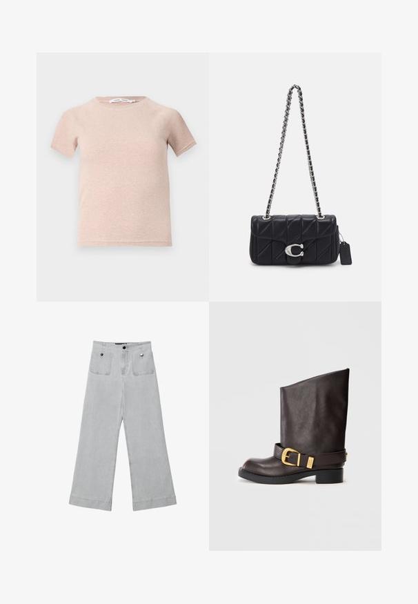 Ljusrosa t-shirt med kort ärm gjord av ribbat material, med rund halsringning och avslappnad passform. Enkelt och sömlöst design.; Vida byxorna i ljusgrå denim, med två framfickor, metallknappar och en ren finish med fållade kanter.; Mörkbrun läderboots till mitten av vaden med svart sula, låg klack och dekorativt guldspänne runt vristen, visad från sidan.; COACH TABBY SHOULDER BAG 20 WITH PILLOW QUILTING - Axelremsväska - black