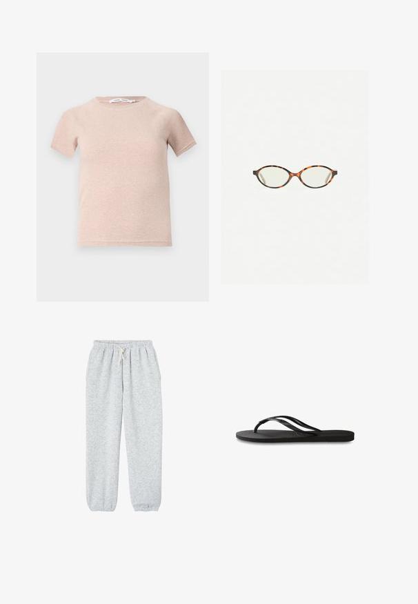 Světle růžové tričko s krátkým rukávem vyrobené z žebrované tkaniny, s kulatým výstřihem a volnějším střihem. Jednoduchý a bezproblémový design.; Šedé tepláky vyrobené z měkké látky, s elastickým pasem na šňůrku a elastickými manžetami na kotnících.; Černé žabky s texturovanou gumovou podrážkou, dvěma štíhlými popruhy a jemným, embosovaným logem na popruhu.; Želvovinové brýle s oválnými čočkami a hladkým, jemným povrchem. Má tenké bočnice s jemným zakřivením v chrámcích. Čiré čočky.